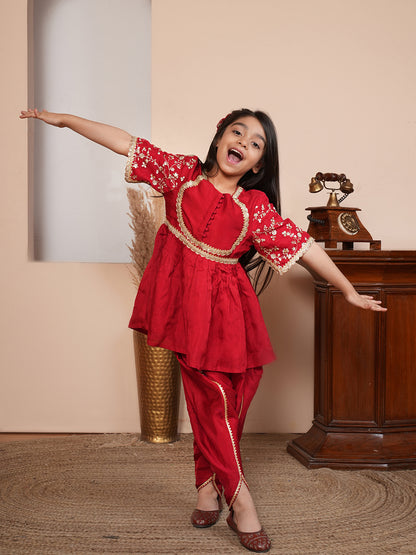 Girls Solid Embroidered Kurta with Dhoti Pant & Dupatta