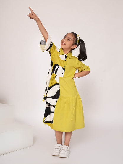 Girls Colourblocked Cotton Fit & Flare Dress