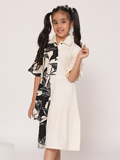 Panelled floral printed white dress