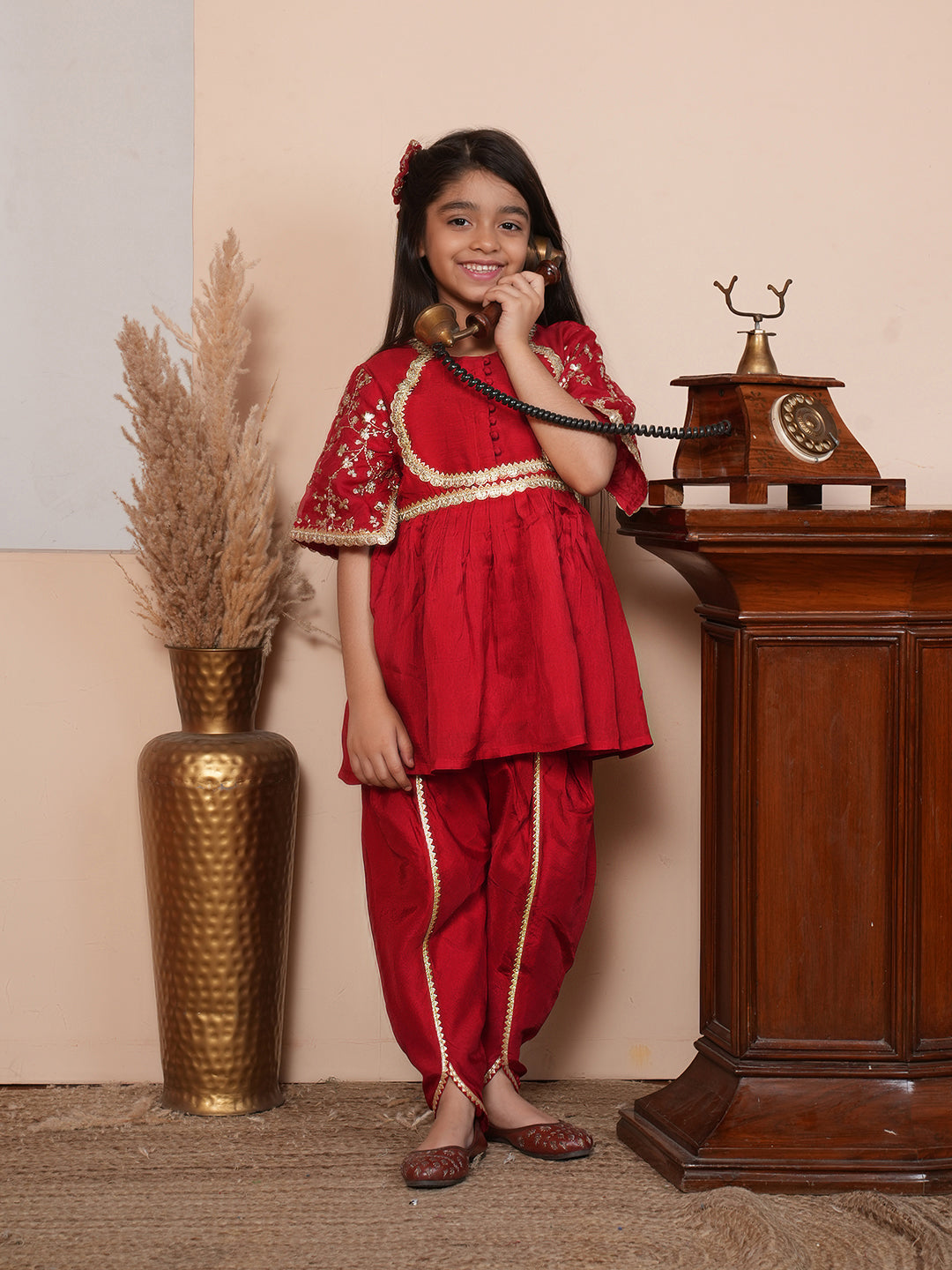 Girls Solid Embroidered Kurta with Dhoti Pant & Dupatta