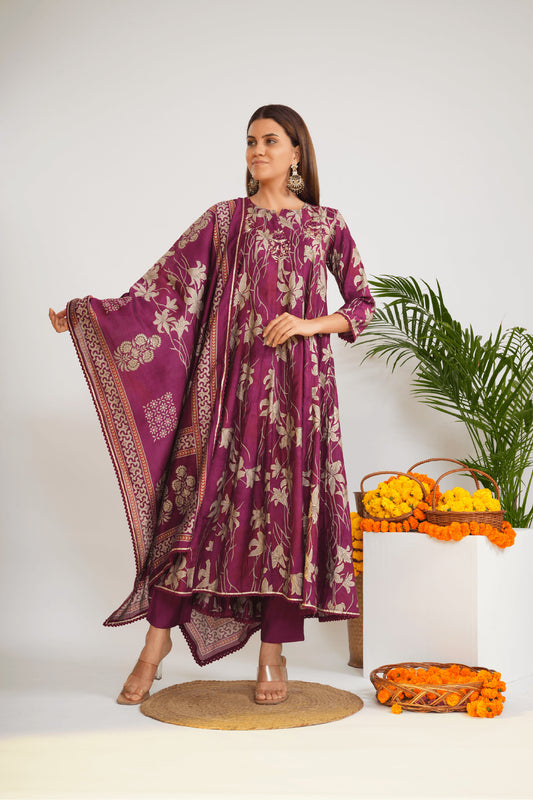 Women Floral Printed Cotton Anarkali Kurta with Trousers & Dupatta