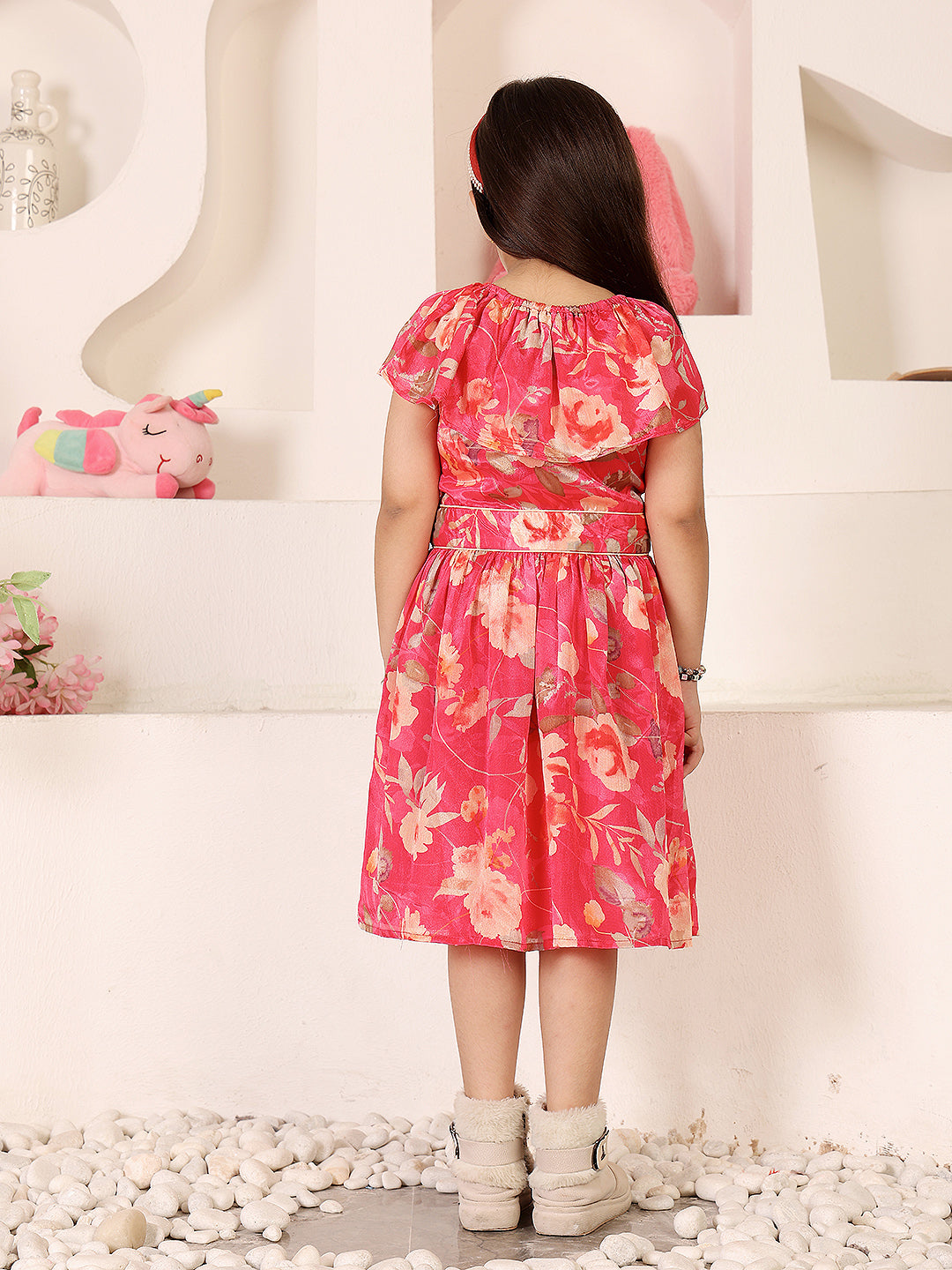 Girls Floral Printed Gathered Cape Sleeve Chiffon Fit & Flare Dress
