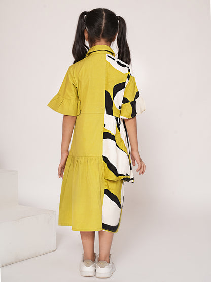 Girls Colourblocked Cotton Fit & Flare Dress