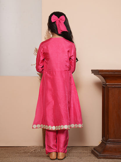 Pink  angrakha kurta set with orange dupatta
