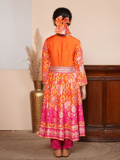 Floral printed orange and pink kurta set with dupatta