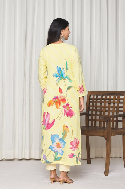 Floral Printed Keyhole Neck Thread Work Pure Cotton Kurta With Trousers & Dupatta