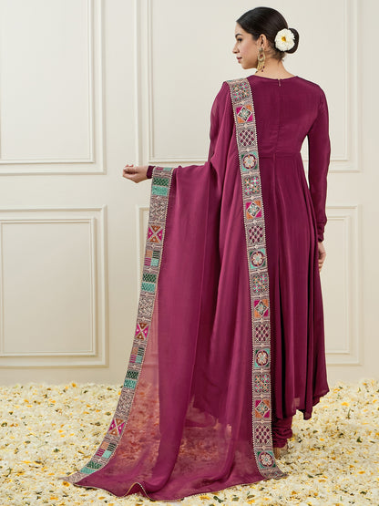Woven Design Embroidered Thread Work Anarkali Kurta with Churidar & Dupatta