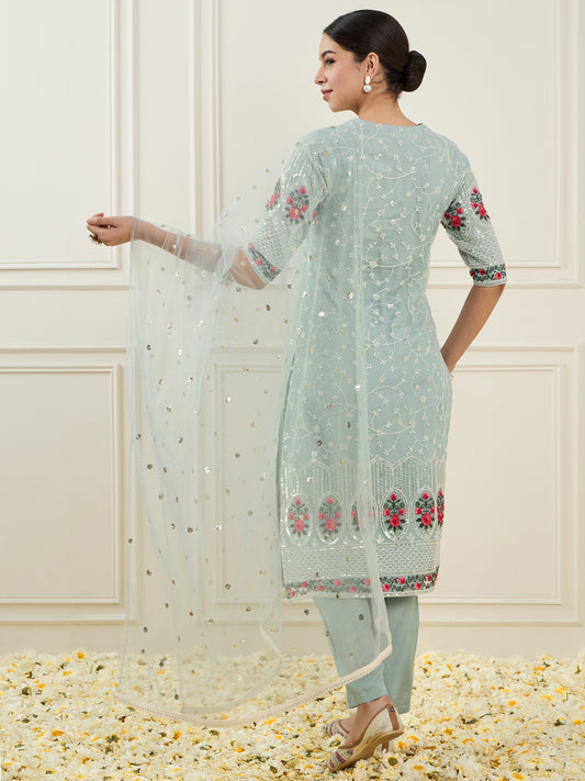 Ethnic Motifs Embroidered Sequinned Straight Kurta With Trouser & Dupatta