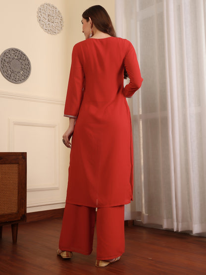 Square Neck Gotta Patti Georgette Straight Kurta With Palazzos & Dupatta