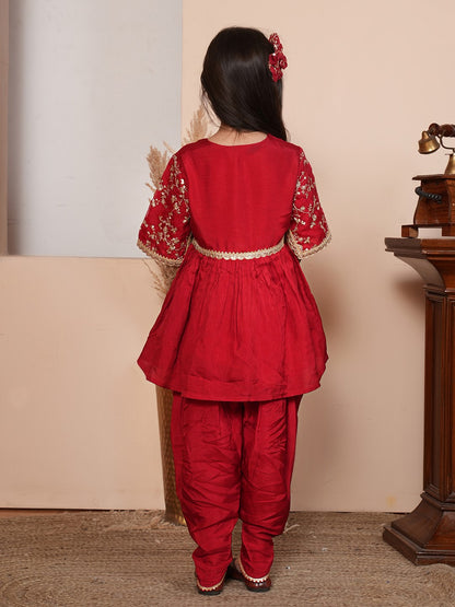 Girls Solid Embroidered Kurta with Dhoti Pant & Dupatta