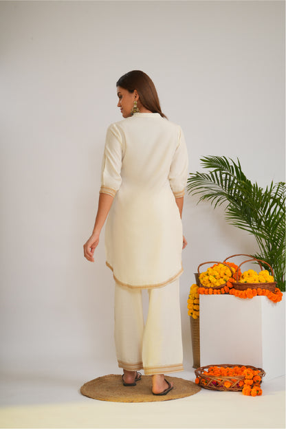 Embroidered Mandarin Collar Linen Tunic With Trousers