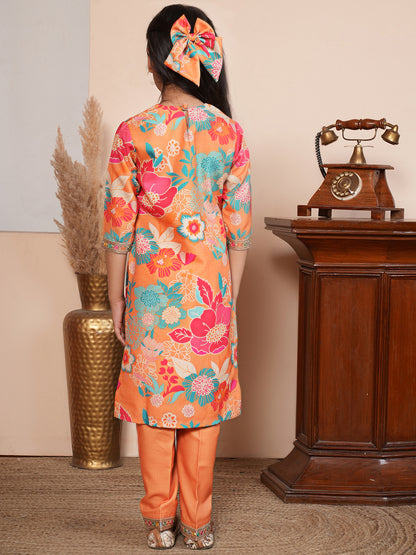 Floral printed orange kurta set