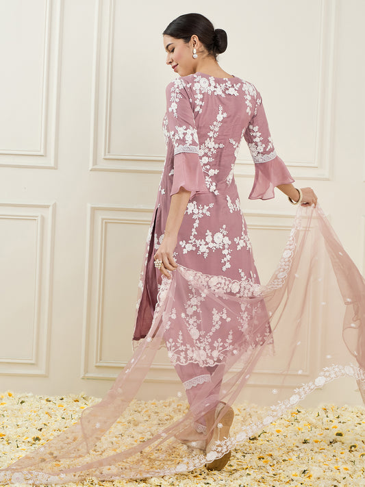 Floral Embroidered V-Neck Regular Straight Kurta With Trousers & Dupatta