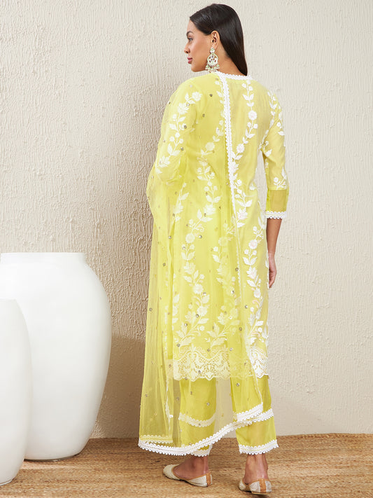 Embroidered Notch Neck Sequinned Straight Kurta With Trousers & Dupatta