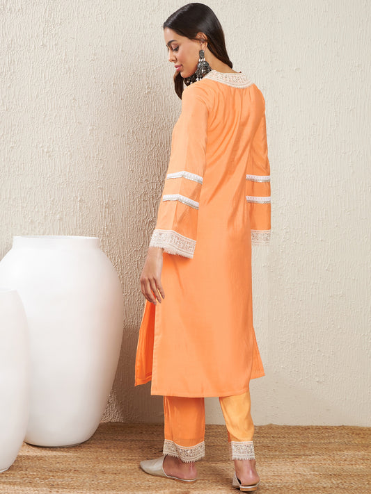 V-Neck Flared Sleeves Thread Work Kurta with Trousers