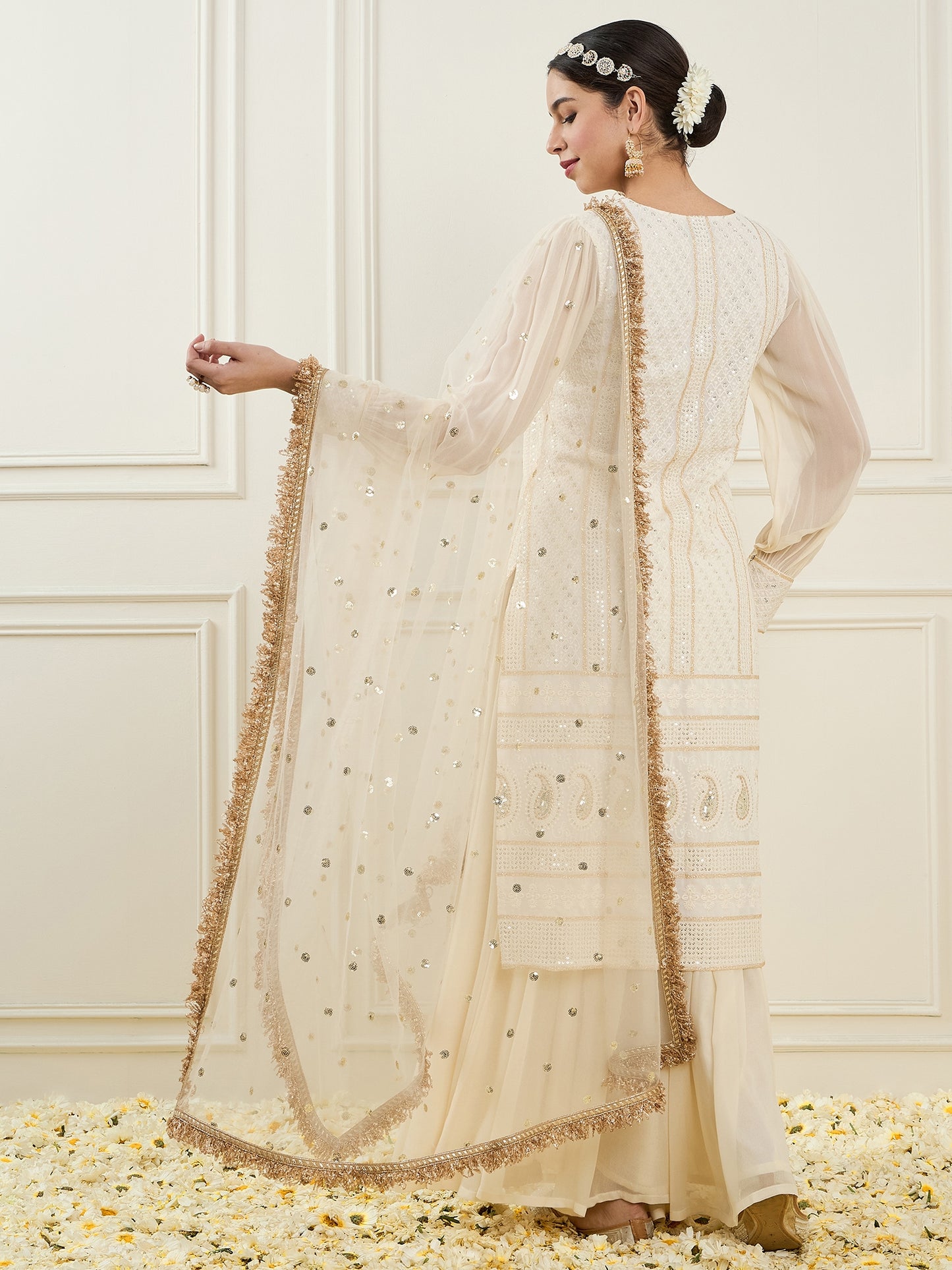 Ethnic Motifs Embroidered Sequinned Straight Kurta With Palazzos & Dupatta