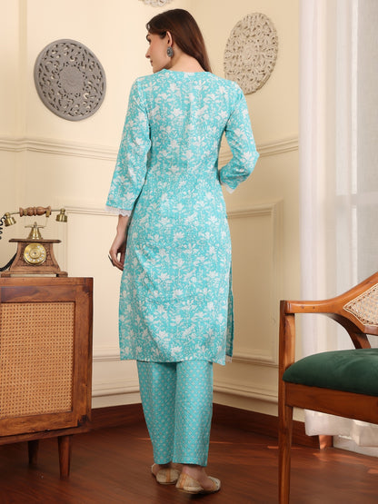 Women Floral Printed Regular Thread Work Pure Cotton Kurta with Trousers