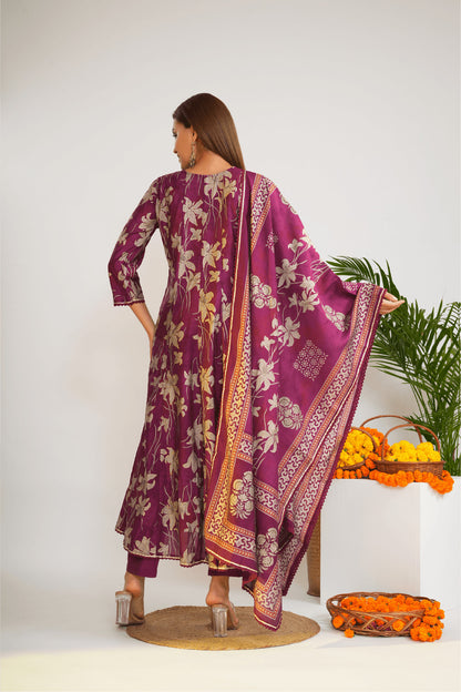 Women Floral Printed Cotton Anarkali Kurta with Trousers & Dupatta