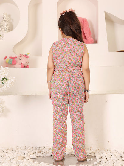 Girls Printed V-Neck Top And Trousers