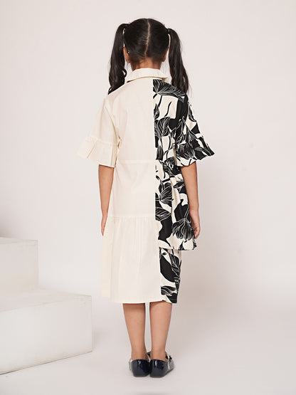 Panelled floral printed white dress