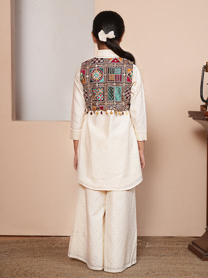 Girls Woven Design Embroidered Kurta with Palazzos and Jacket