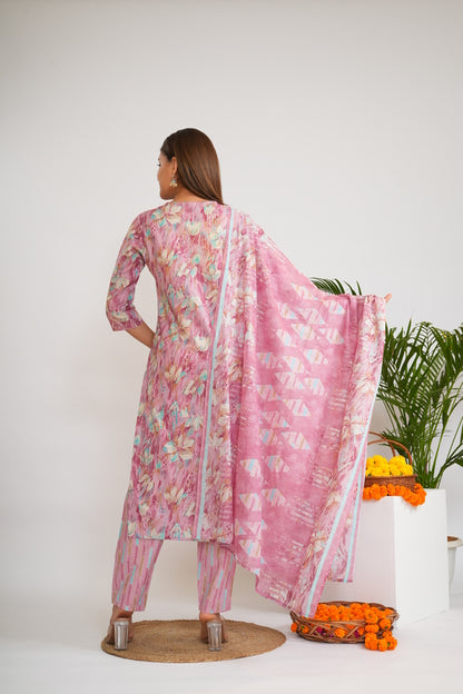Women Floral Print Thread Work Pure Cotton Kurta with Trousers & Dupatta