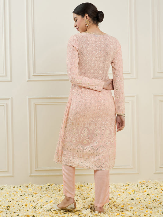 Embroidered Regular Sequinned Straight Kurta & Trousers