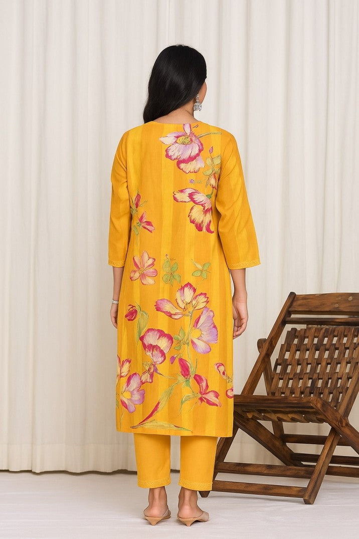Floral Printed Keyhole Neck Thread Work Straight Kurta With Trousers & Dupatta