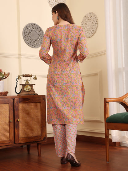 Women Floral Printed Regular Thread Work Pure Cotton Kurta with Trousers