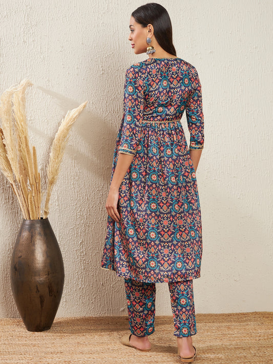 Ethnic Motifs Printed Empire Silk Crepe Kurta & Trousers