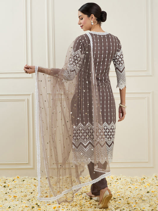 Embroidered Sequinned Straight Kurta with Trousers & Dupatta