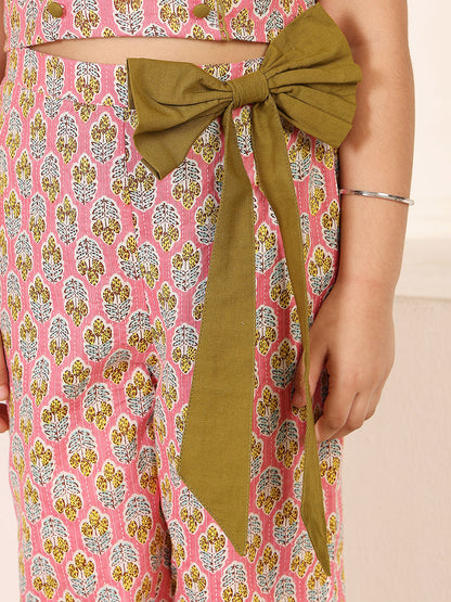 Girls Printed V-Neck Top And Trousers