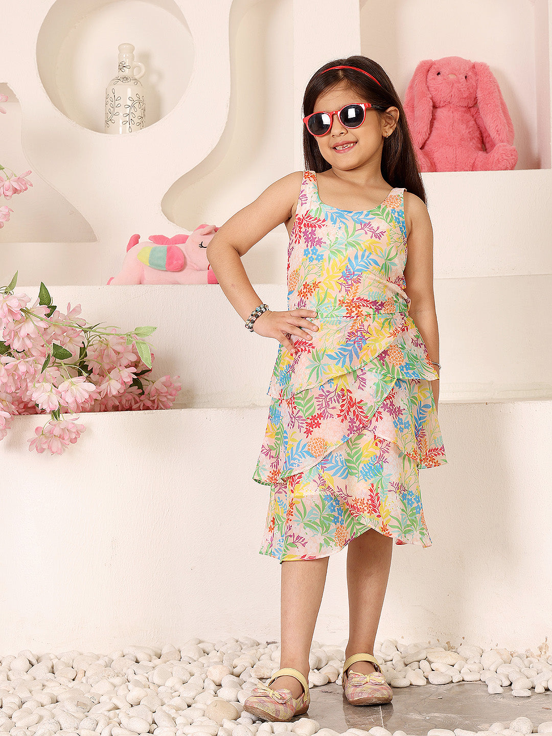 Girls Floral Printed Crepe Fit & Flare Dress