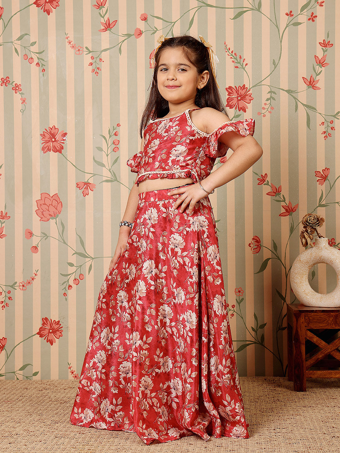 ADORNIA Girls Floral Printed Cold-Shoulder Sleeves Lehenga And Choli
