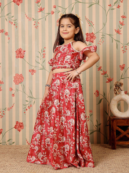 ADORNIA Girls Floral Printed Cold-Shoulder Sleeves Lehenga And Choli