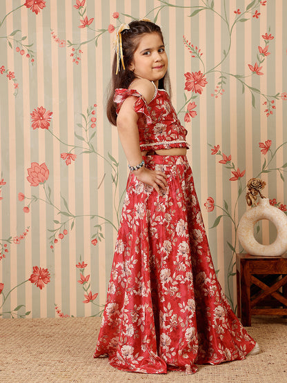 ADORNIA Girls Floral Printed Cold-Shoulder Sleeves Lehenga And Choli