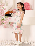 Girls Floral Printed Asymmetric Neck Knee Length A-Line Dress