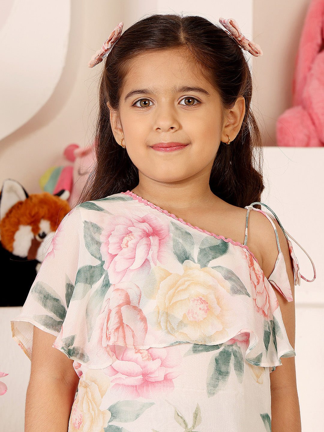 Girls Floral Printed Asymmetric Neck Knee Length A-Line Dress