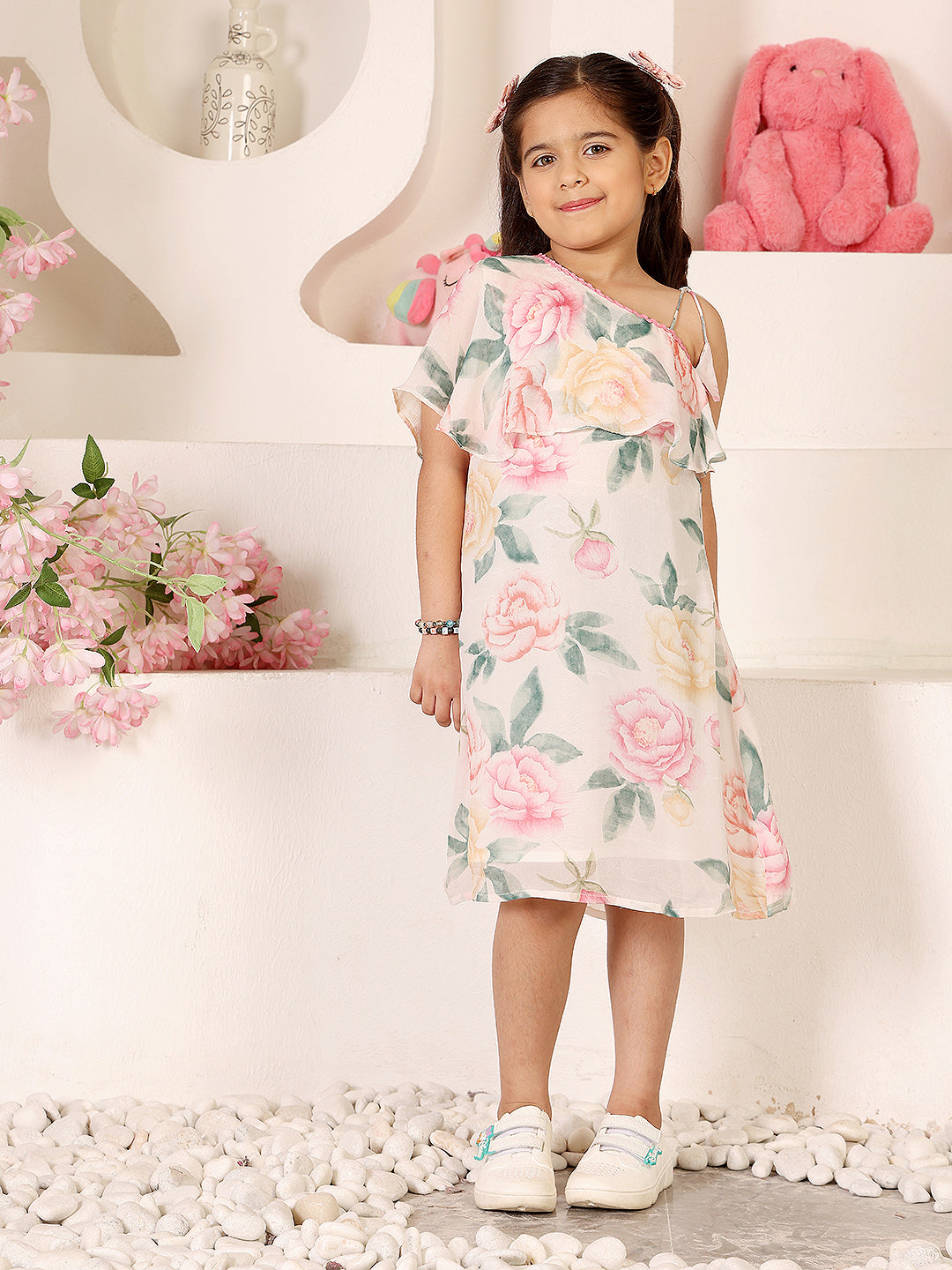 Girls Floral Printed Asymmetric Neck Knee Length A-Line Dress