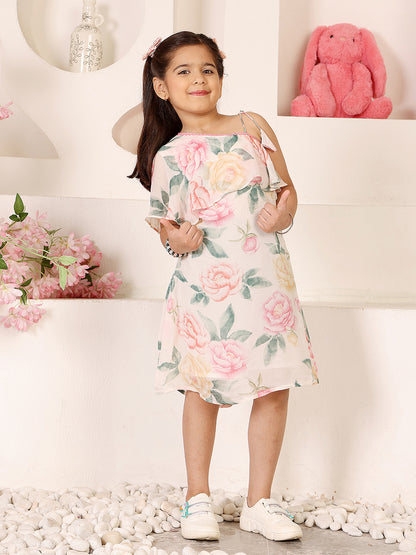 Girls Floral Printed Asymmetric Neck Knee Length A-Line Dress