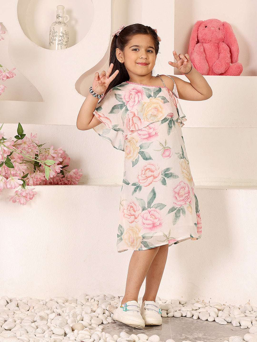 Girls Floral Printed Asymmetric Neck Knee Length A-Line Dress
