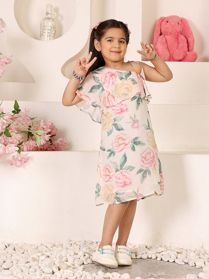 Girls Floral Printed Asymmetric Neck Knee Length A-Line Dress