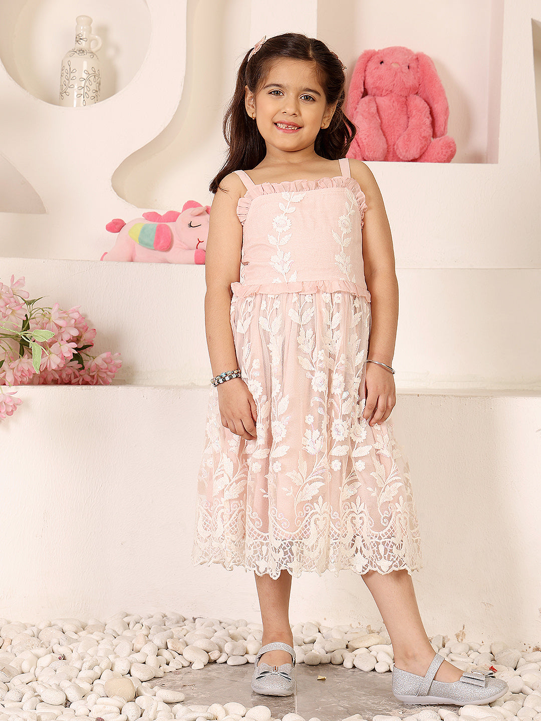 Girls Floral Embroidered Net Fit & Flare Dress