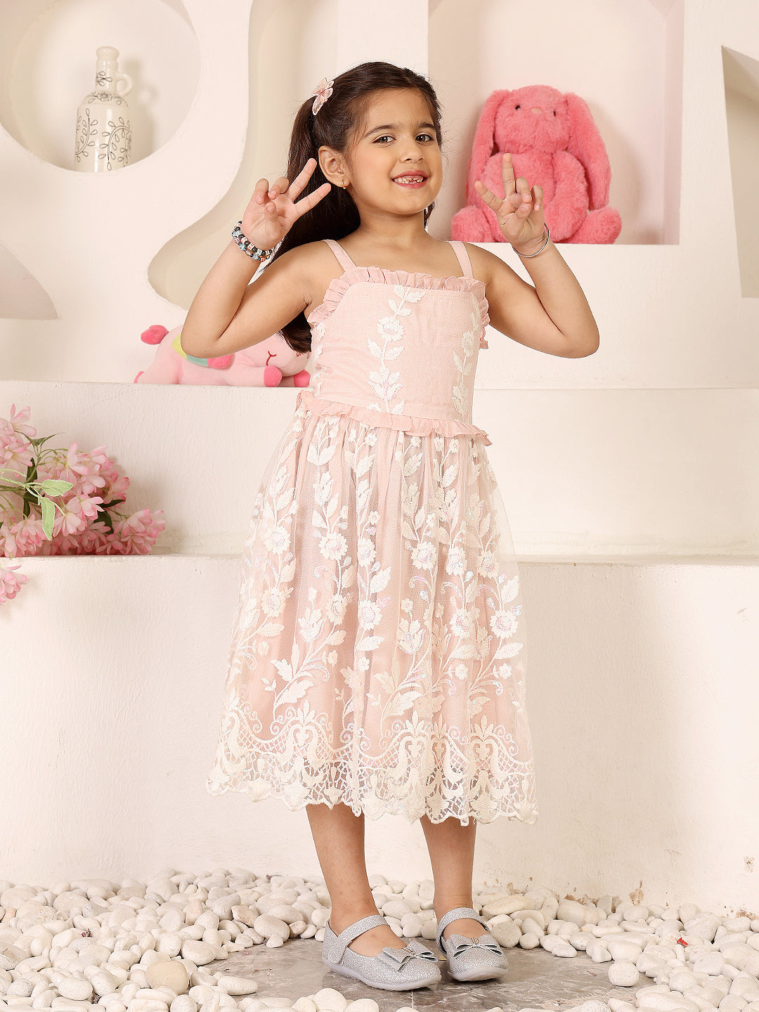 Girls Floral Embroidered Net Fit & Flare Dress