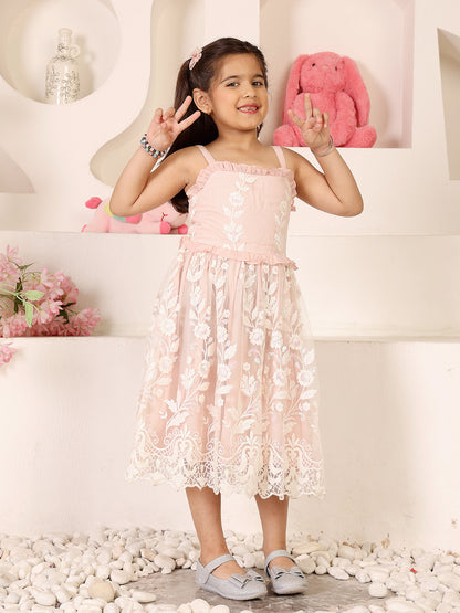 Girls Floral Embroidered Net Fit & Flare Dress