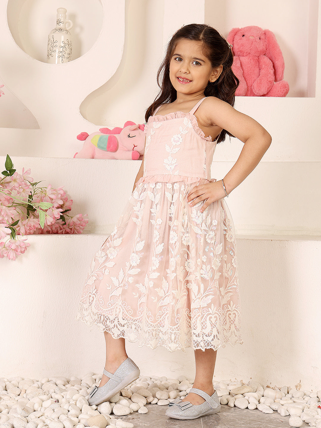 Girls Floral Embroidered Net Fit & Flare Dress