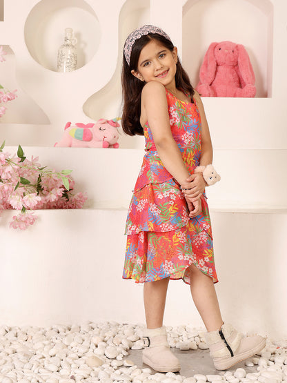 Girls Floral Print Crepe Fit & Flare Dress