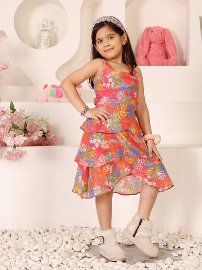 Girls Floral Print Crepe Fit & Flare Dress