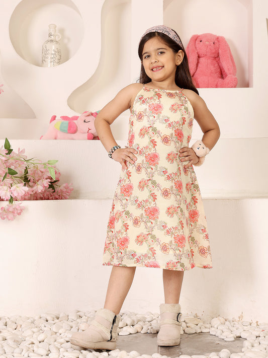 Girls Floral Printed Halter Neck Sleeveless A-Line Dress