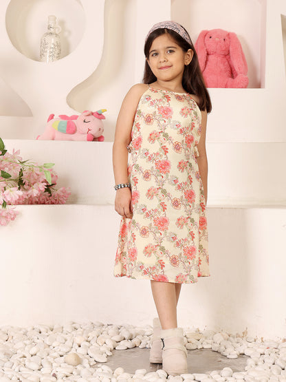 Girls Floral Printed Halter Neck Sleeveless A-Line Dress
